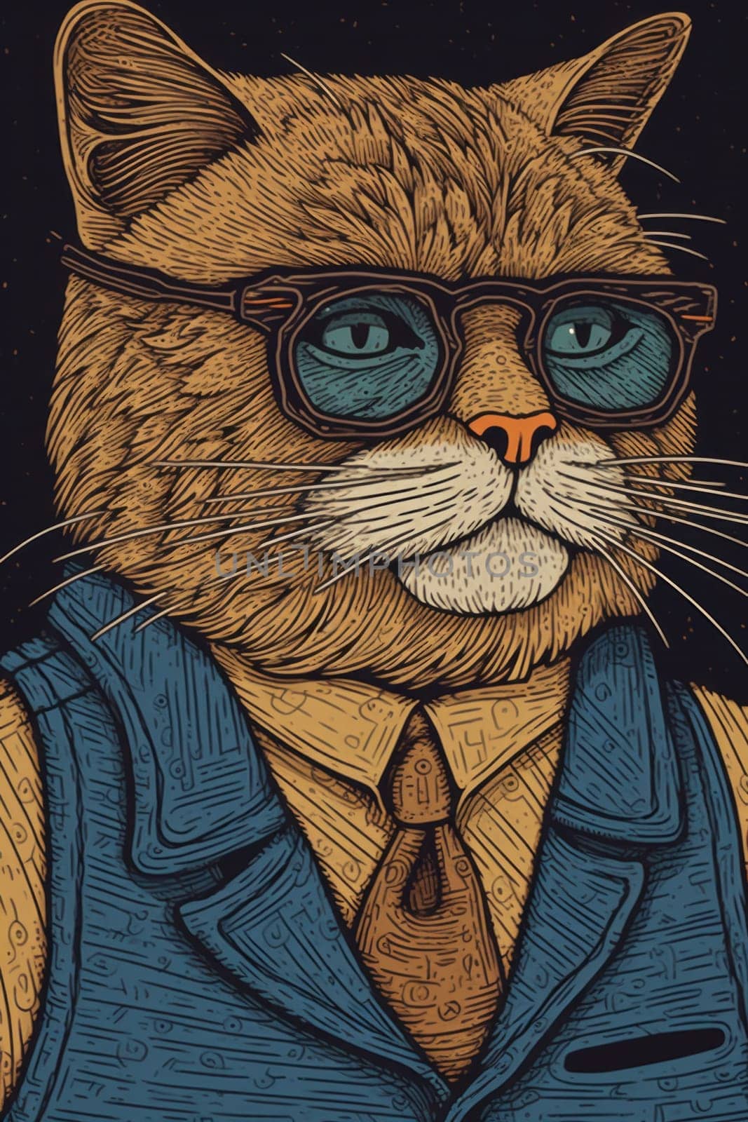 A drawing of a cat wearing a suit and tie, AI by starush