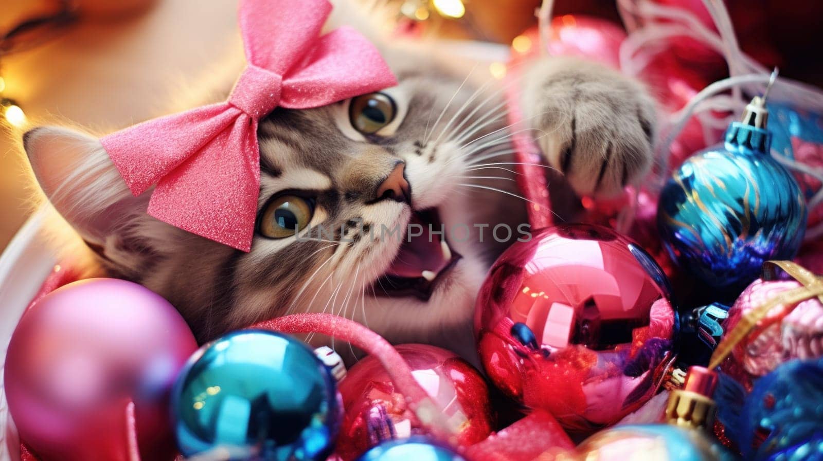 A cat with a pink bow laying in a bowl of ornaments