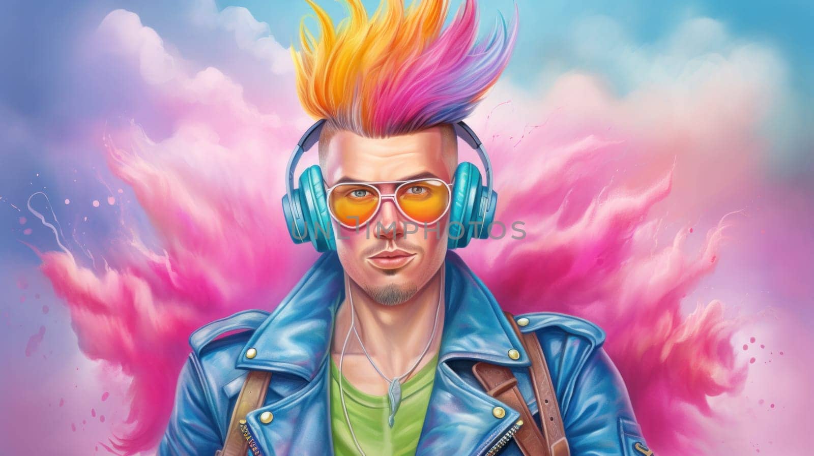 A man with colorful hair wearing headphones, AI by starush