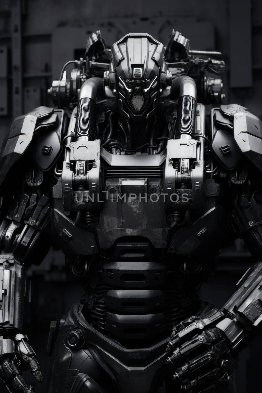 A black and white photo of a robot