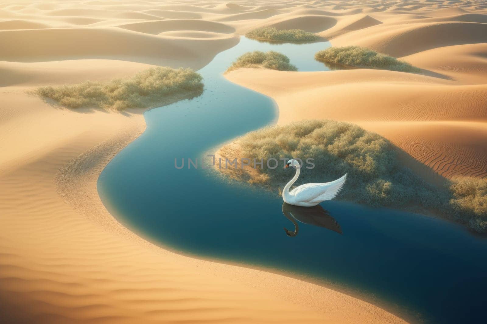 A swan is swimming in a river in the desert