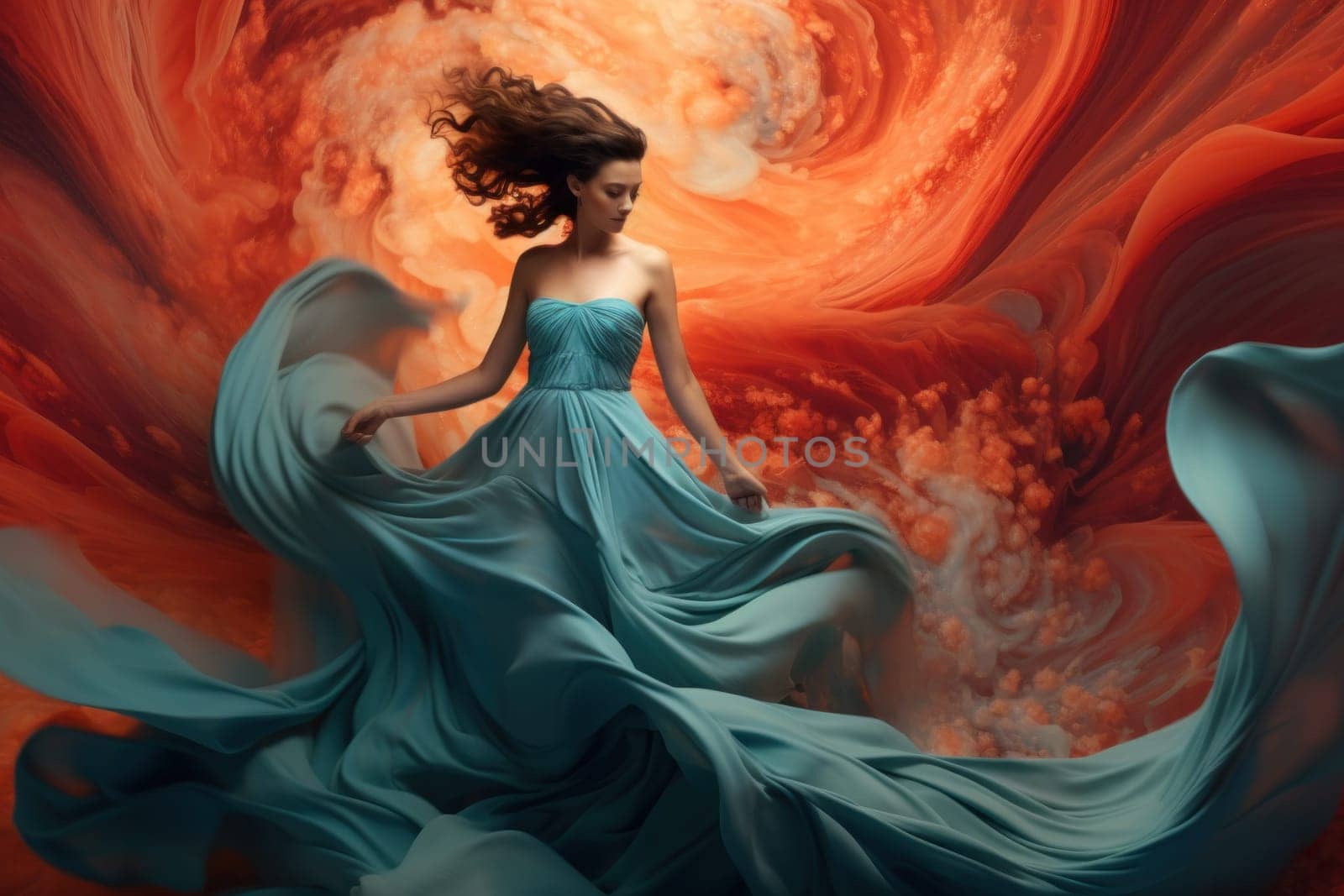 A woman in a blue dress standing in front of an orange swirl, AI by starush
