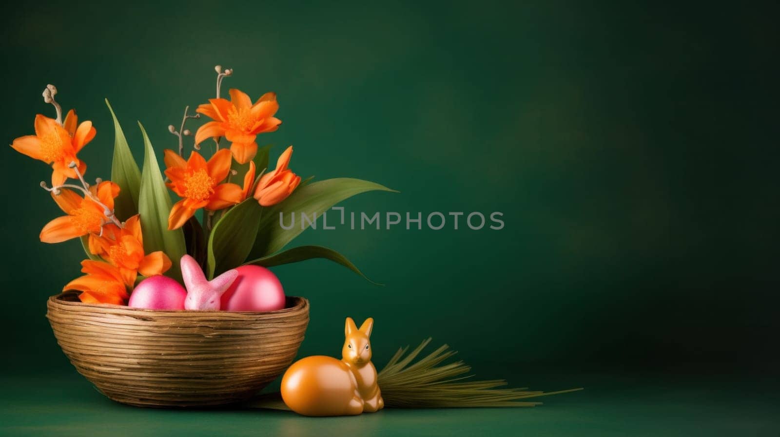 A basket filled with easter eggs and flowers, AI by starush