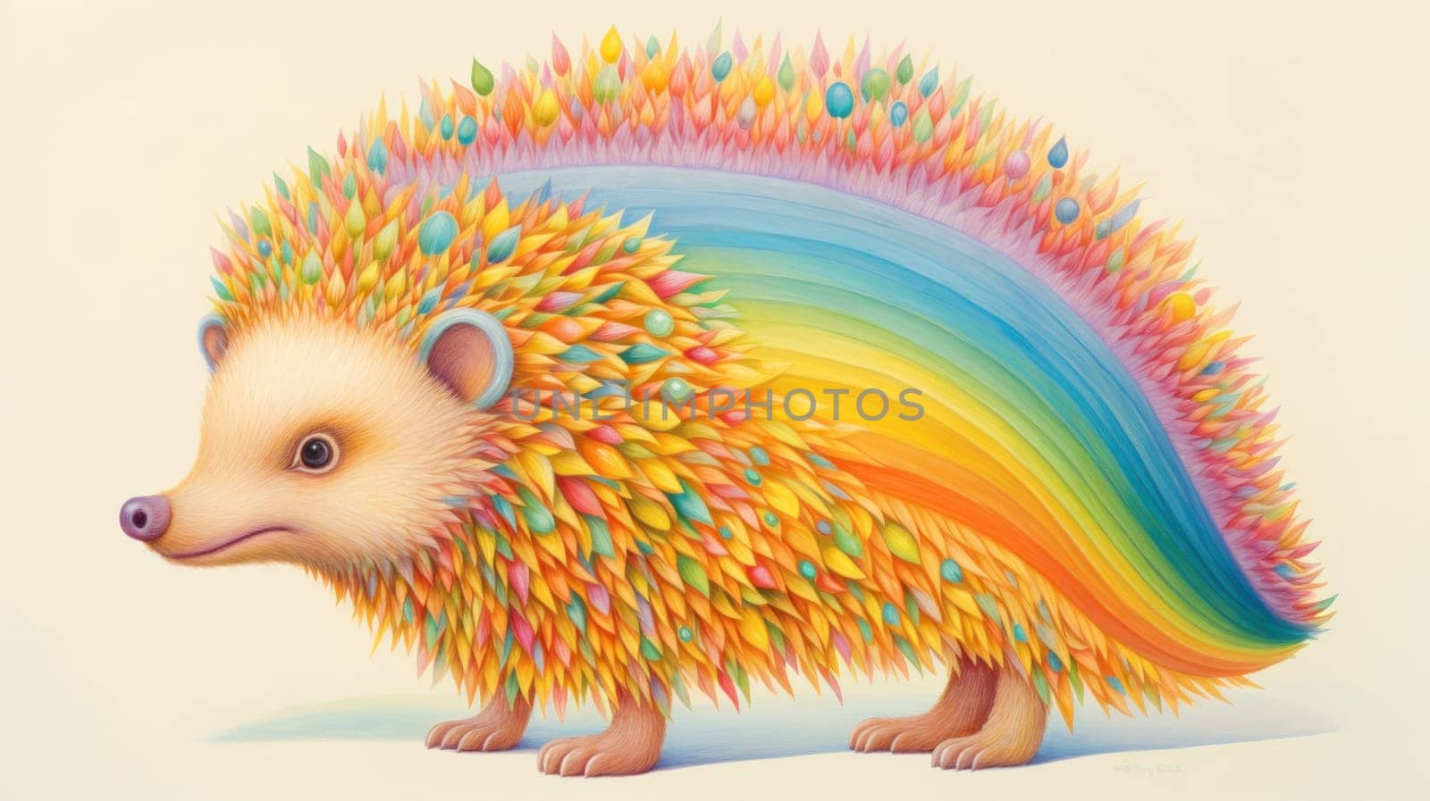 A painting of a hedge with a rainbow colored tail