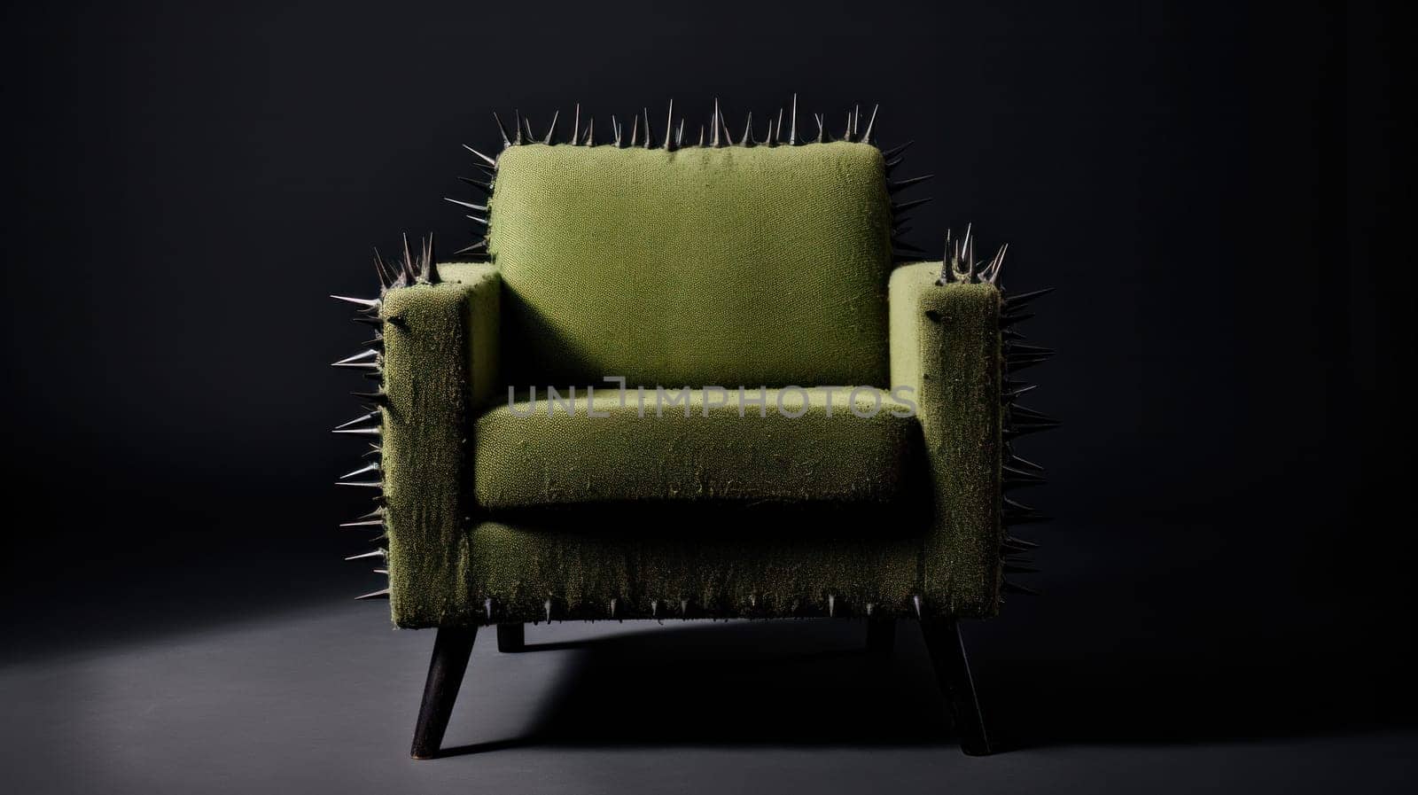 A green chair with spikes on it in a dark room