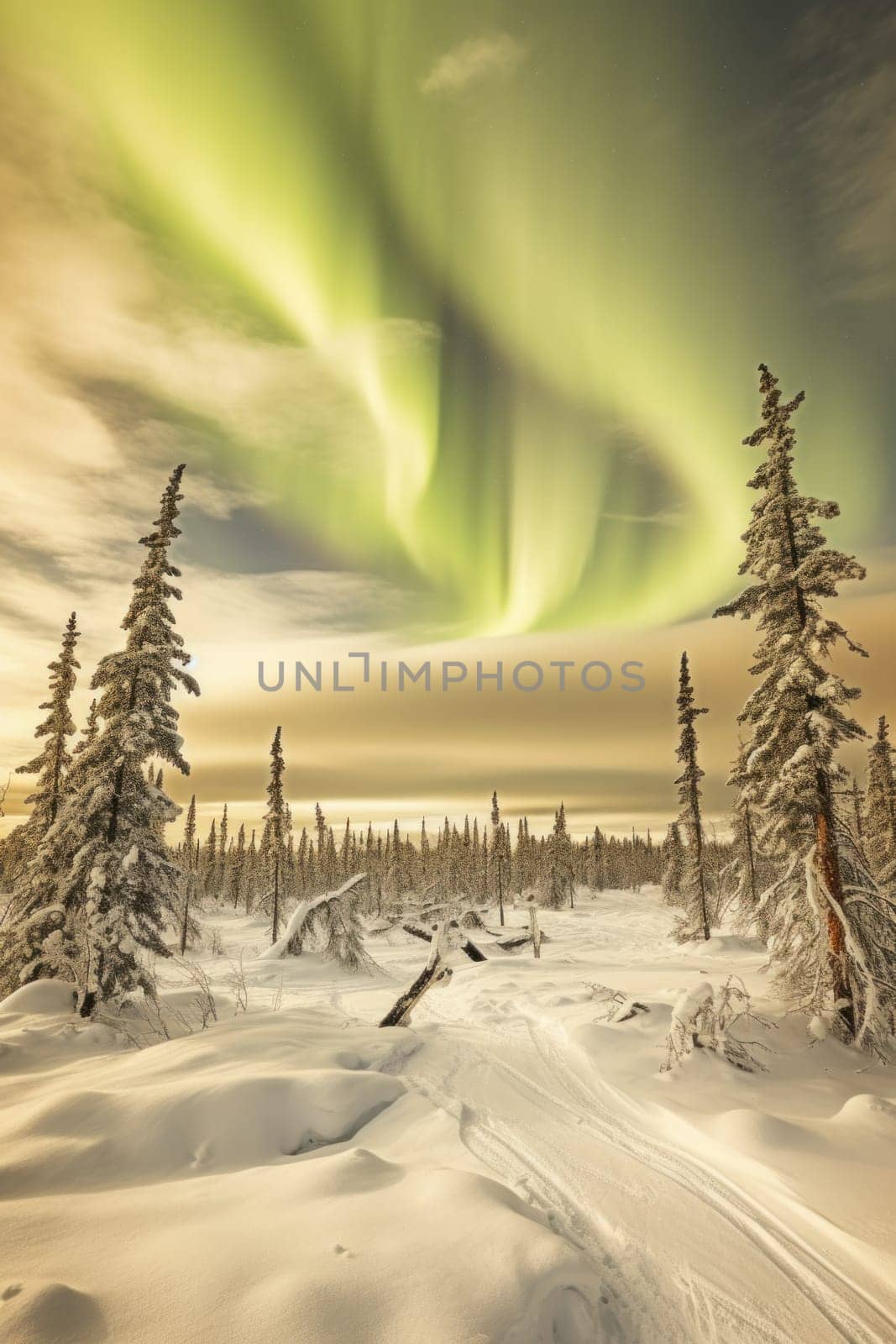 The aurora bore lights up the sky over a snowy landscape, AI by starush