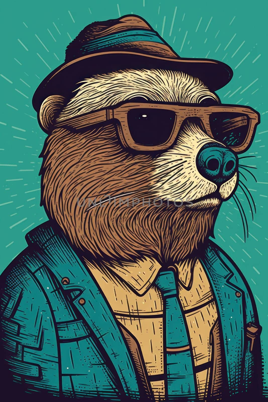 A drawing of a raccoon wearing sunglasses and a hat