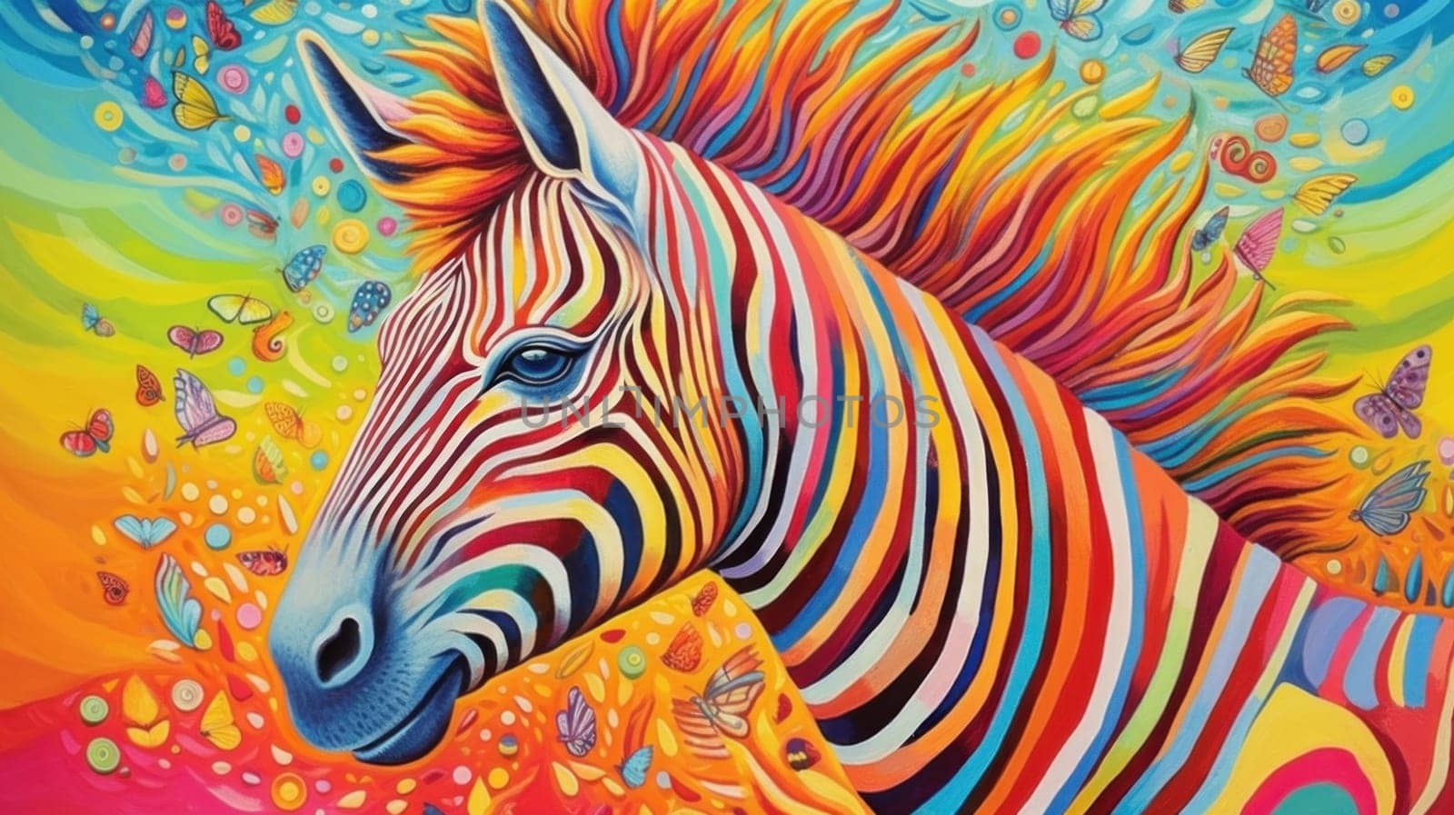 A painting of a zebra with a colorful background