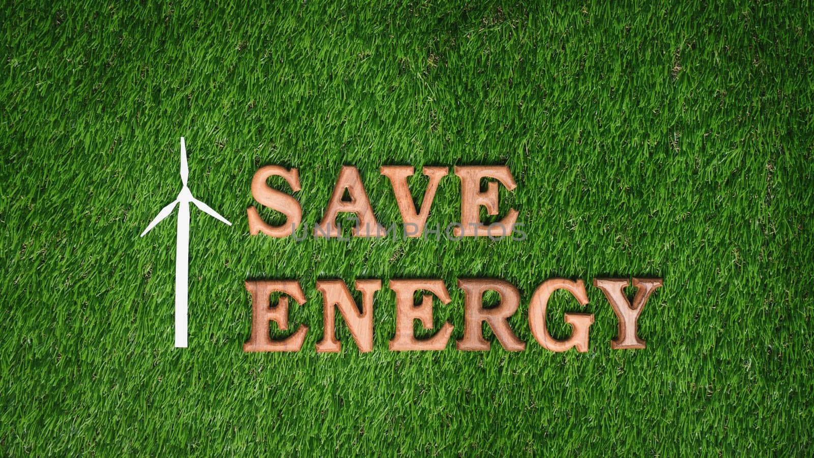 Eco awareness campaign message on grass background to reduce energy. Gyre by biancoblue