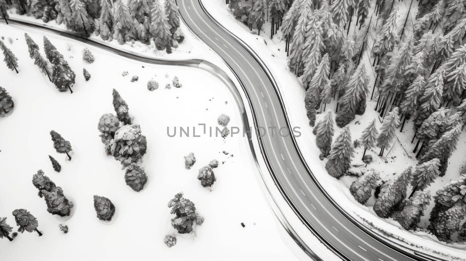 A black and white photo of a snow covered road