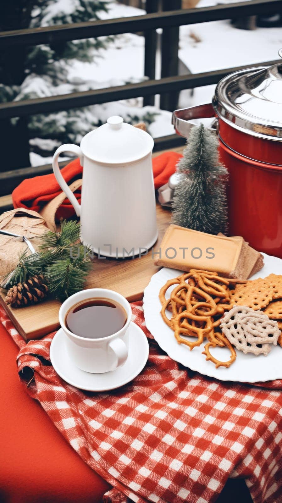 A table topped with a plate of pretzels and a cup of coffee, AI by starush
