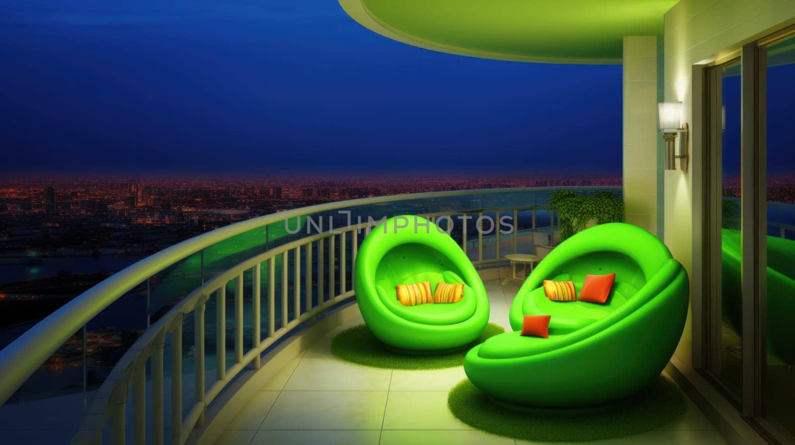 Two green chairs on a balcony overlooking a city, AI by starush