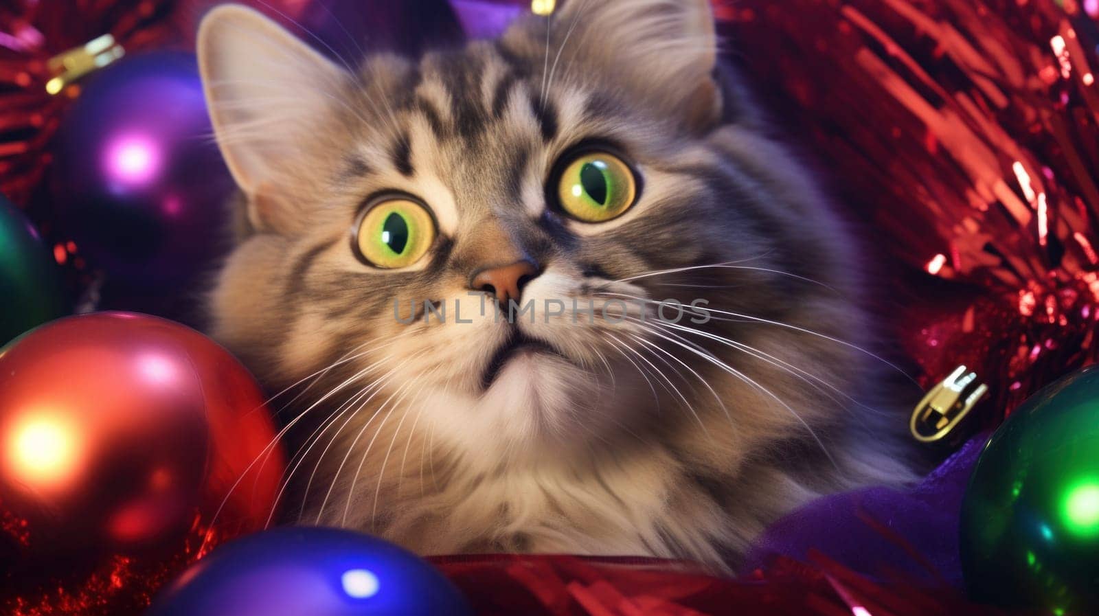 A cat sitting in a pile of christmas ornaments