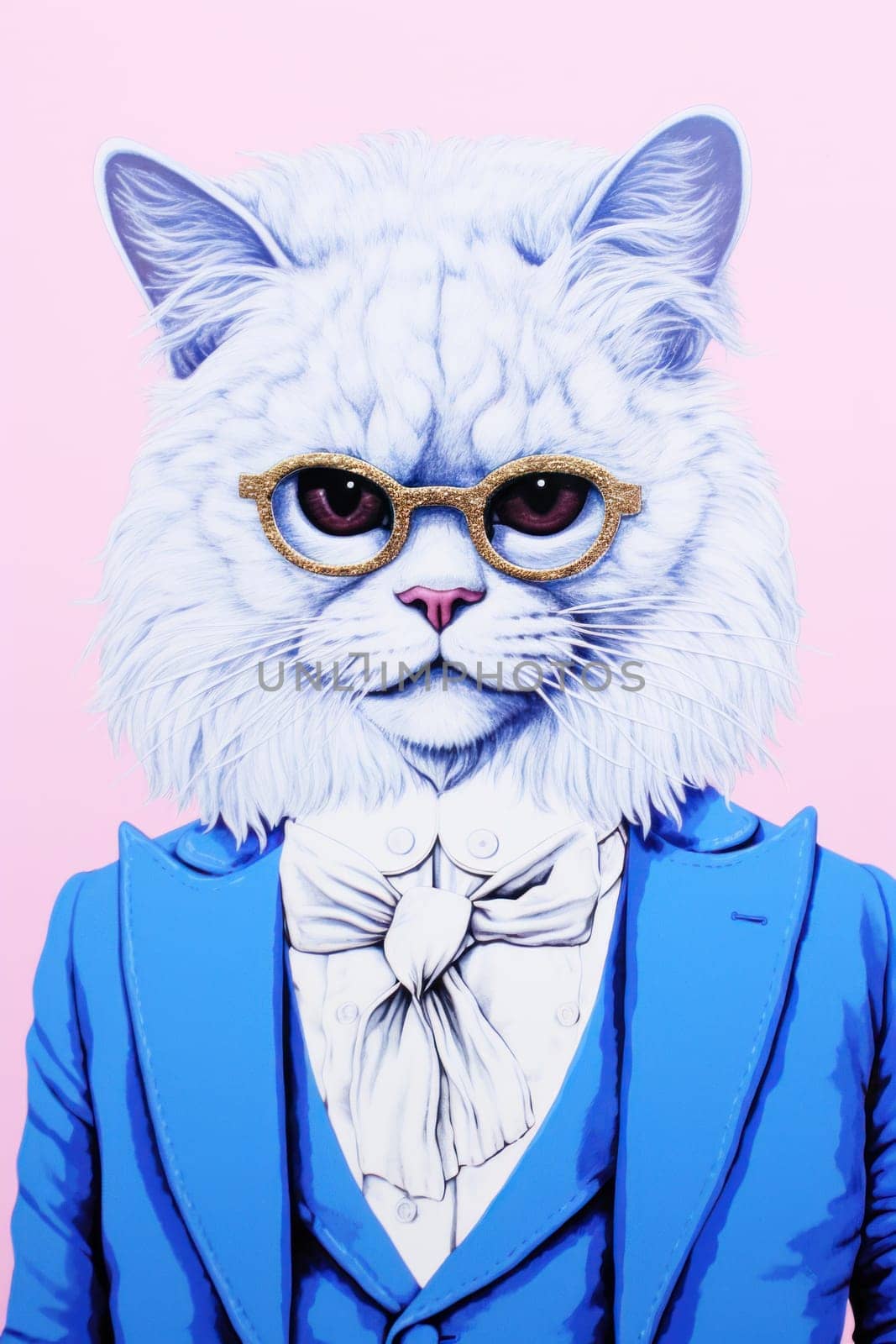 A white cat wearing a blue suit and glasses