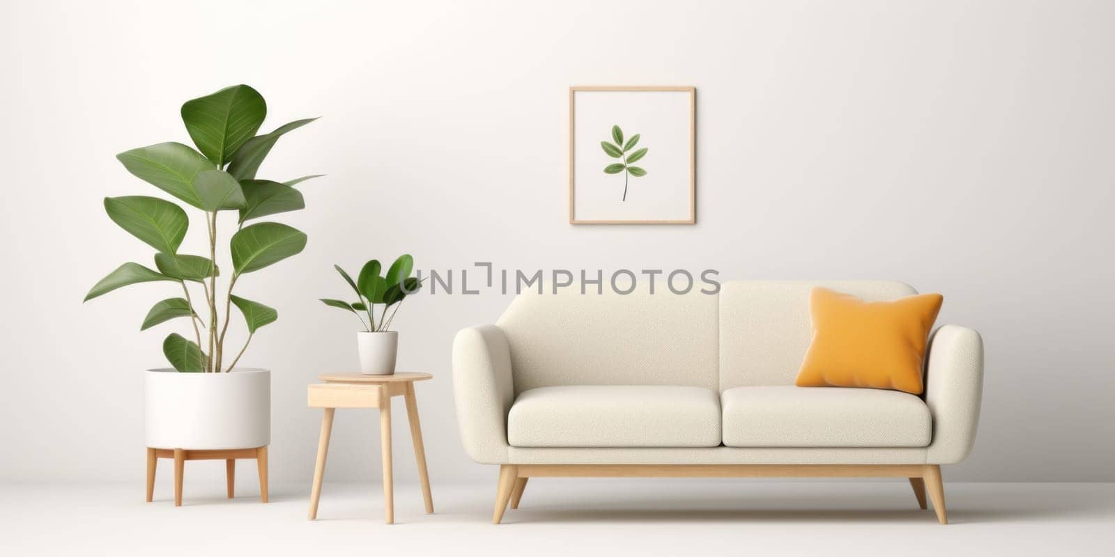 A white couch sitting next to a plant in a living room