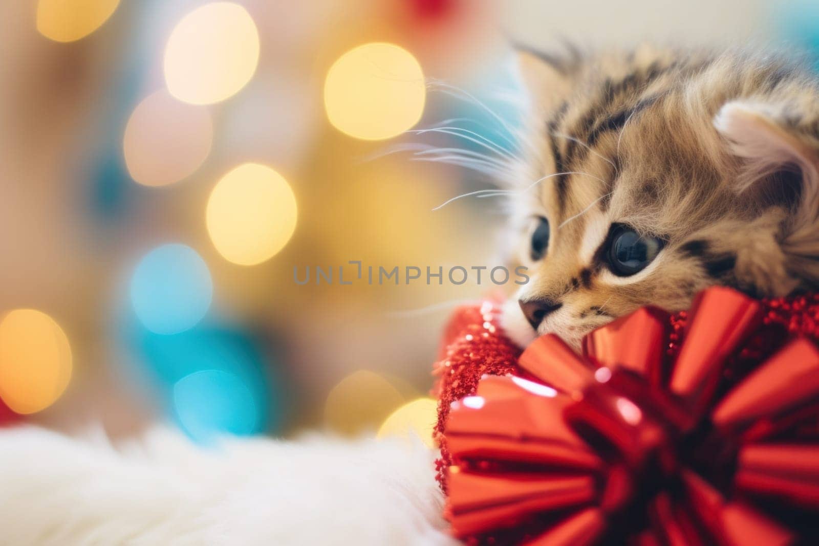 A small kitten laying on top of a red present