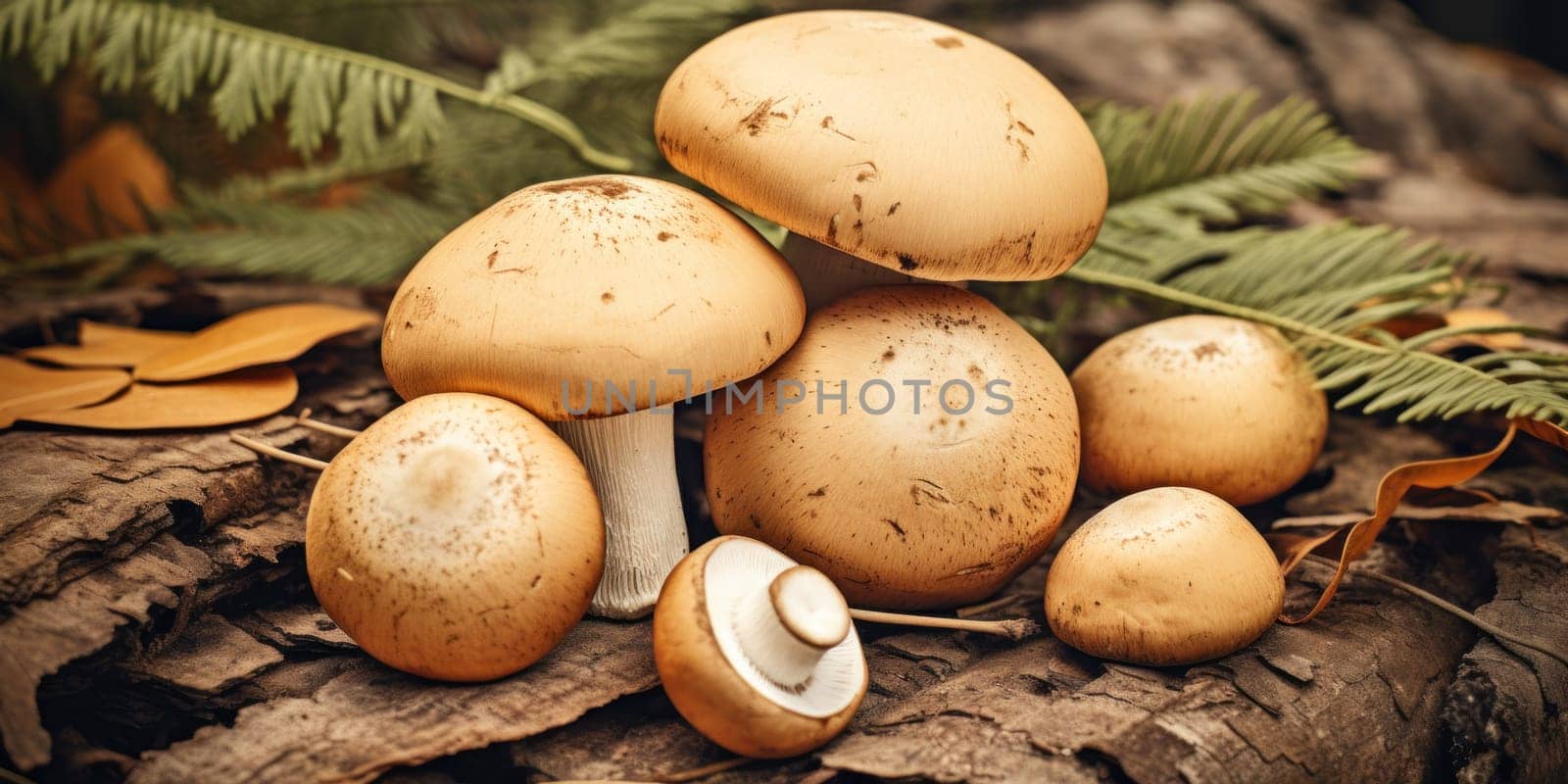 A group of mushrooms sitting on top of a pile of leaves, AI by starush