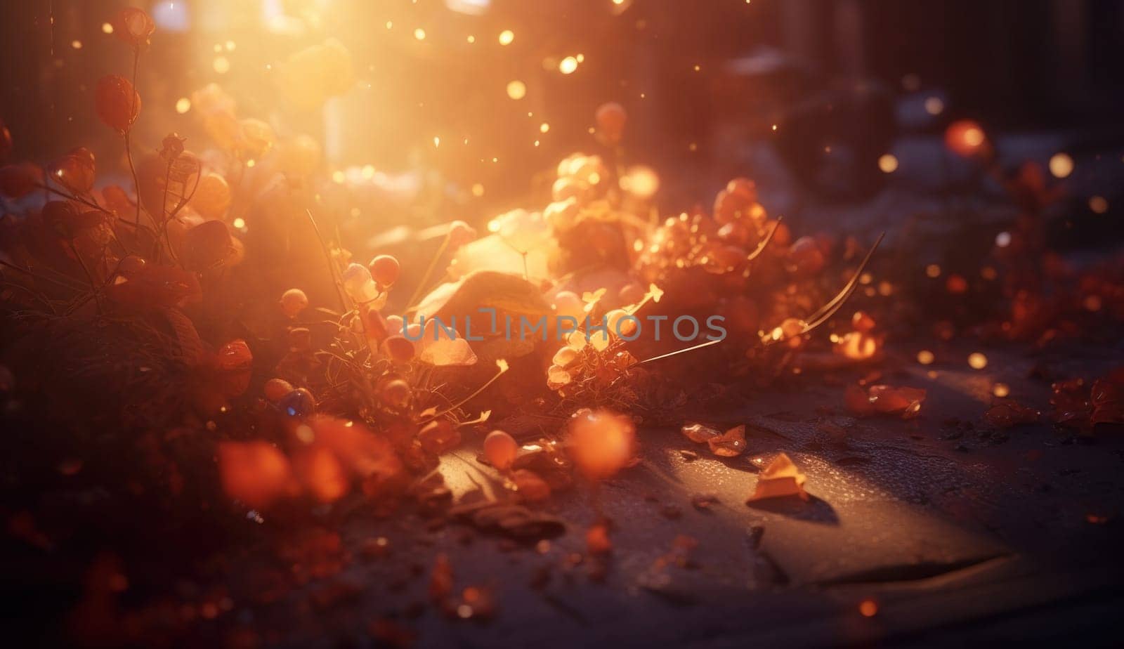 The sun shines through the leaves on the ground, AI by starush