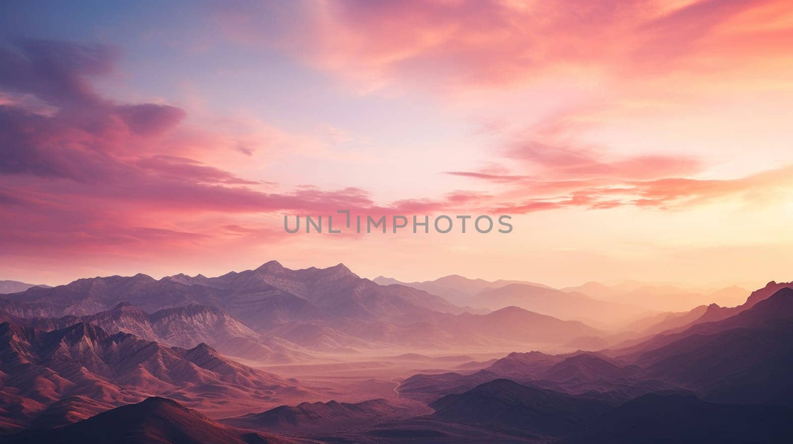 A view of a mountain range at sunset, AI by starush