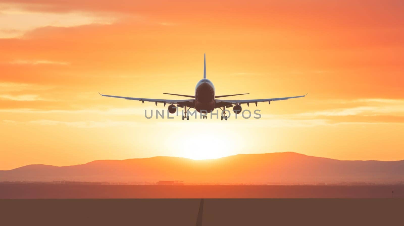 A large jetliner flying through a sunset sky