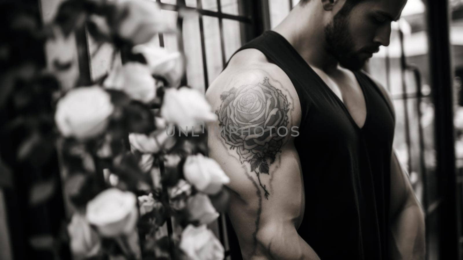 A man with a rose tattoo on his arm, AI by starush
