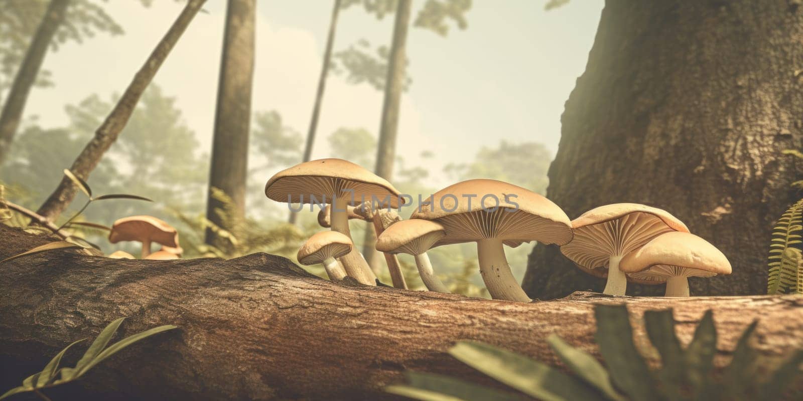A group of mushrooms sitting on top of a log, AI by starush