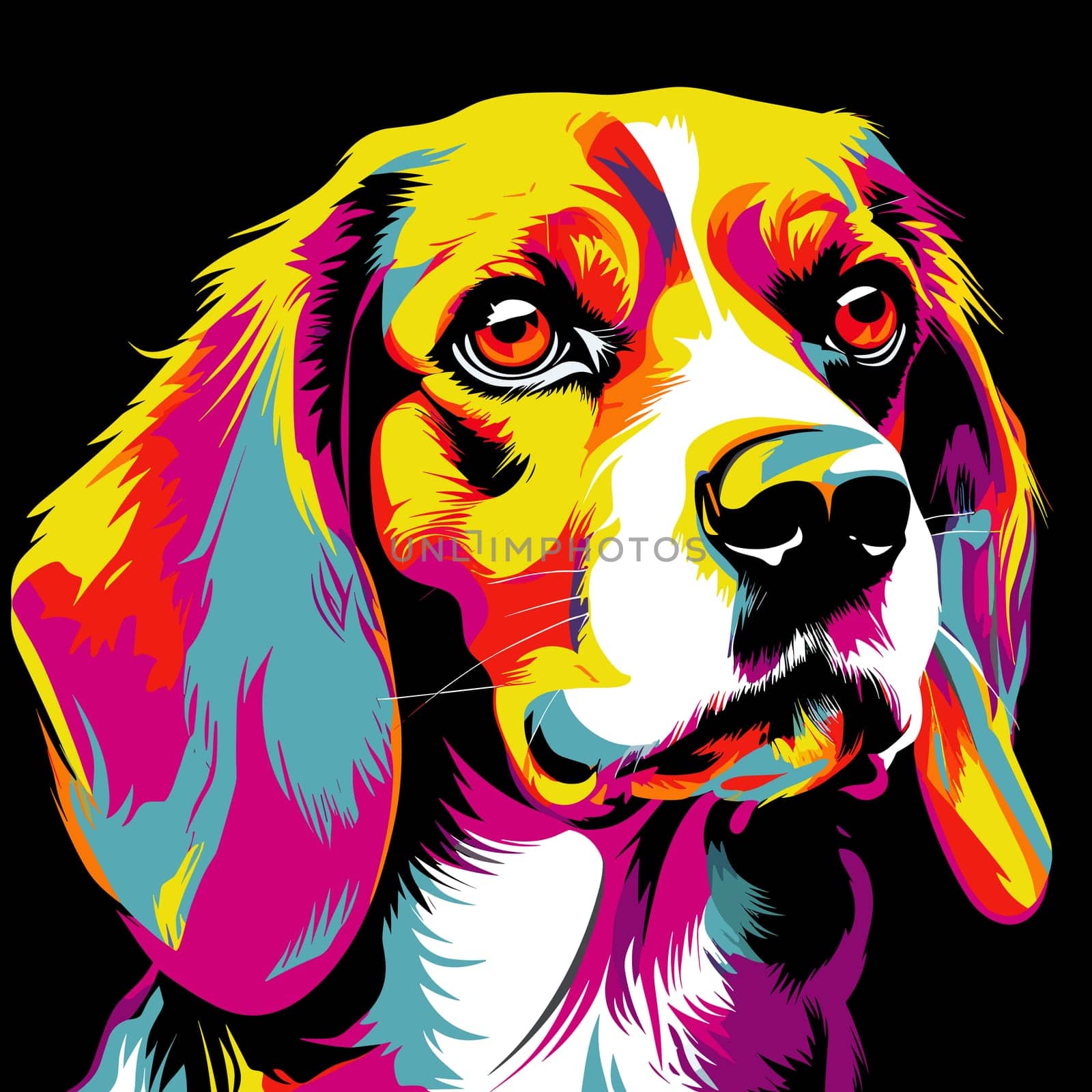 Portrait of a beagle breed dog in vector pop art style isolated on black background. Template for poster, sticker, t-shirt print, etc.