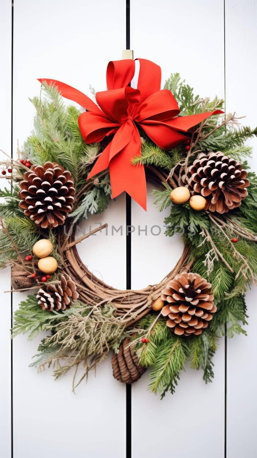 A christmas wreath with pine cones and red bow
