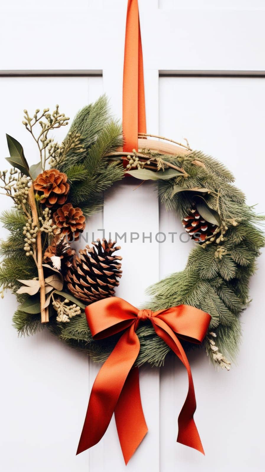 A wreath with pine cones and a red ribbon