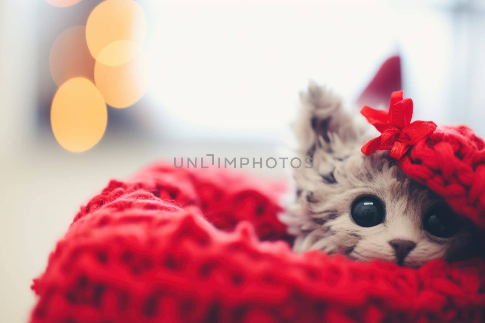 A cat wearing a red hat and a red blanket