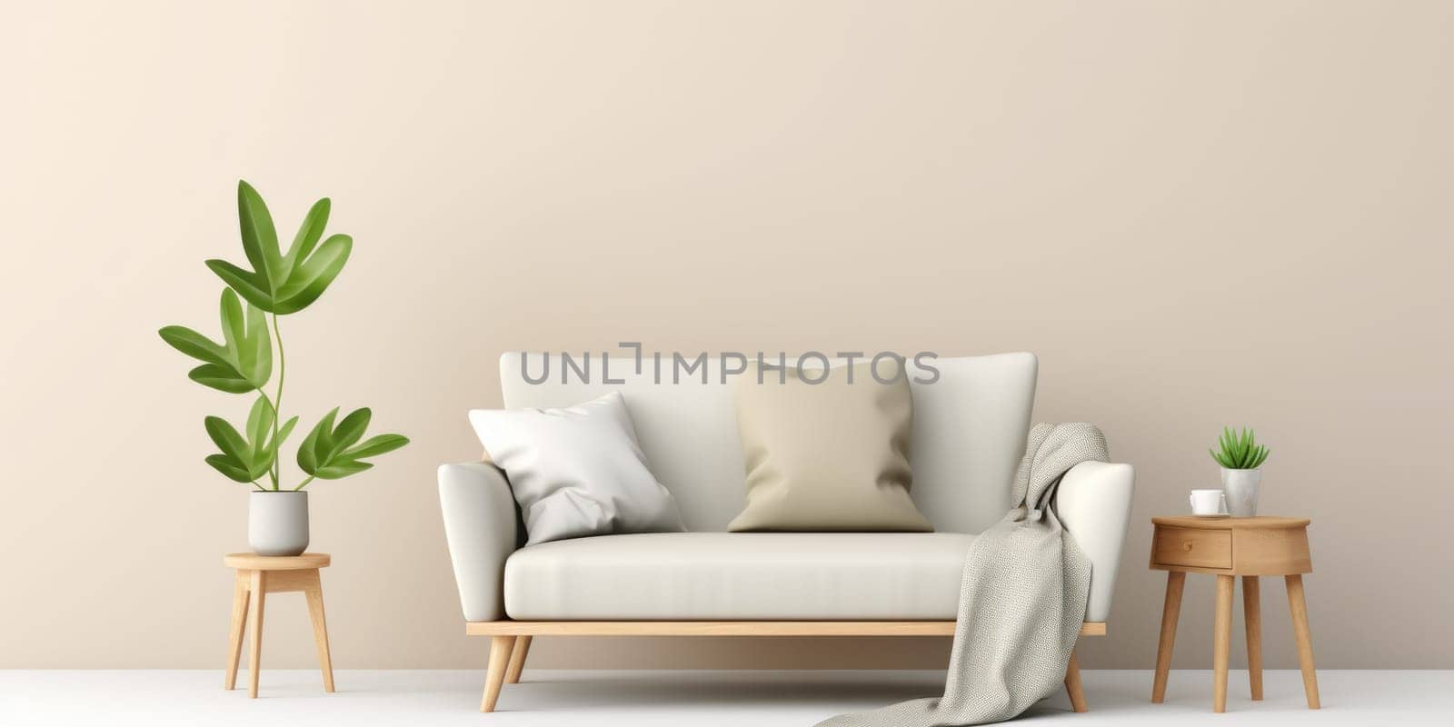 A white couch sitting next to a table with a potted plant