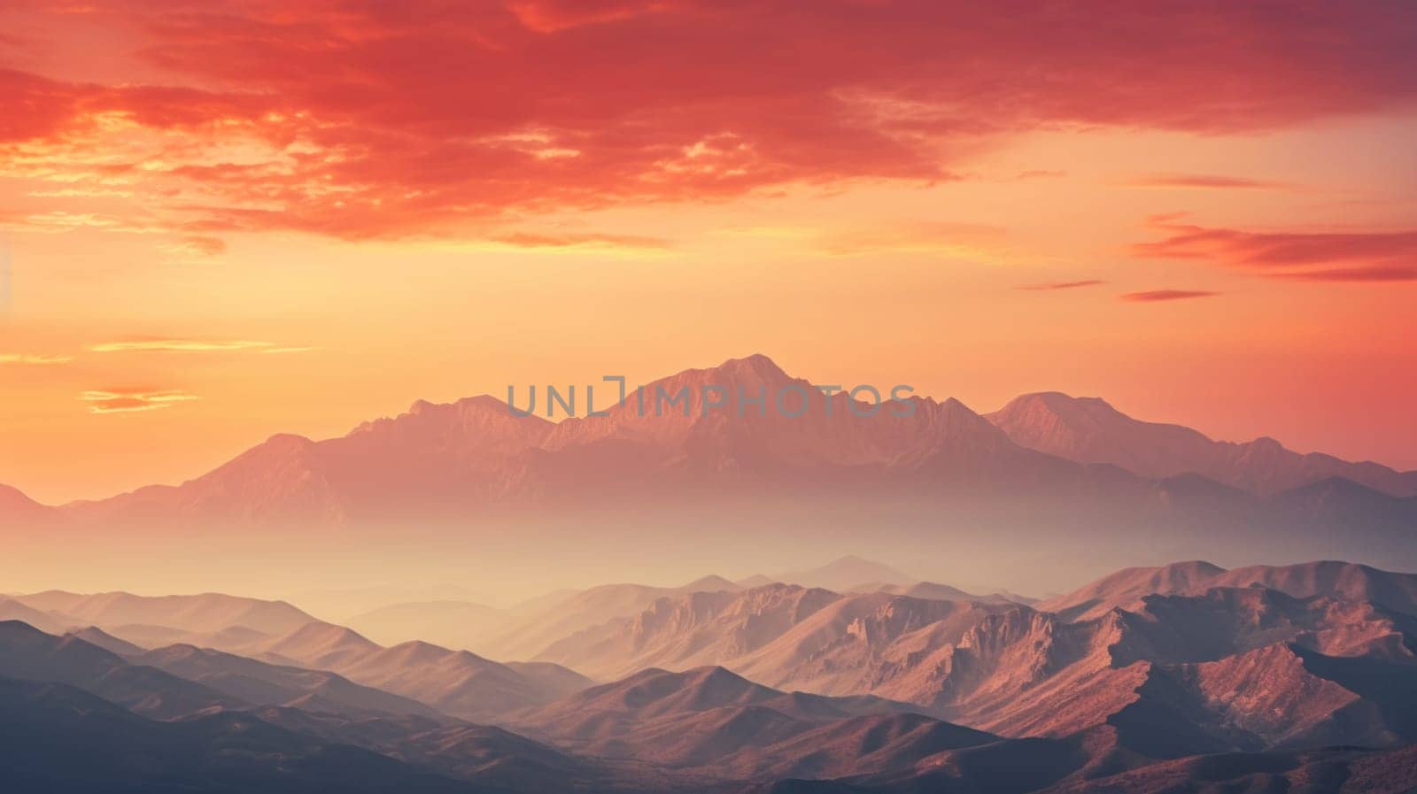 A view of a mountain range at sunset, AI by starush