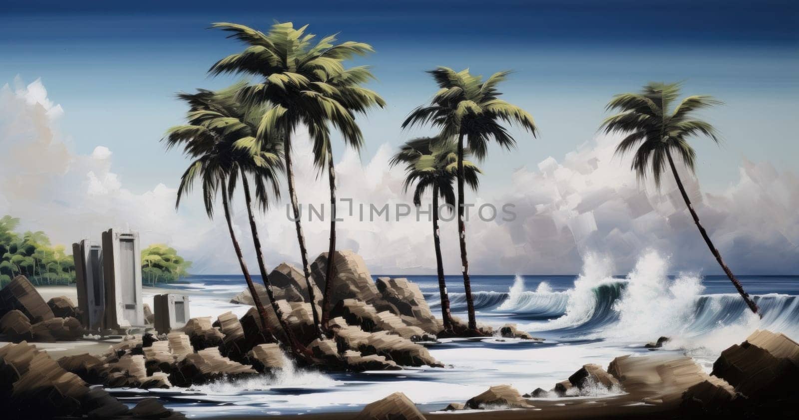 A painting of palm trees on a rocky beach, AI by starush