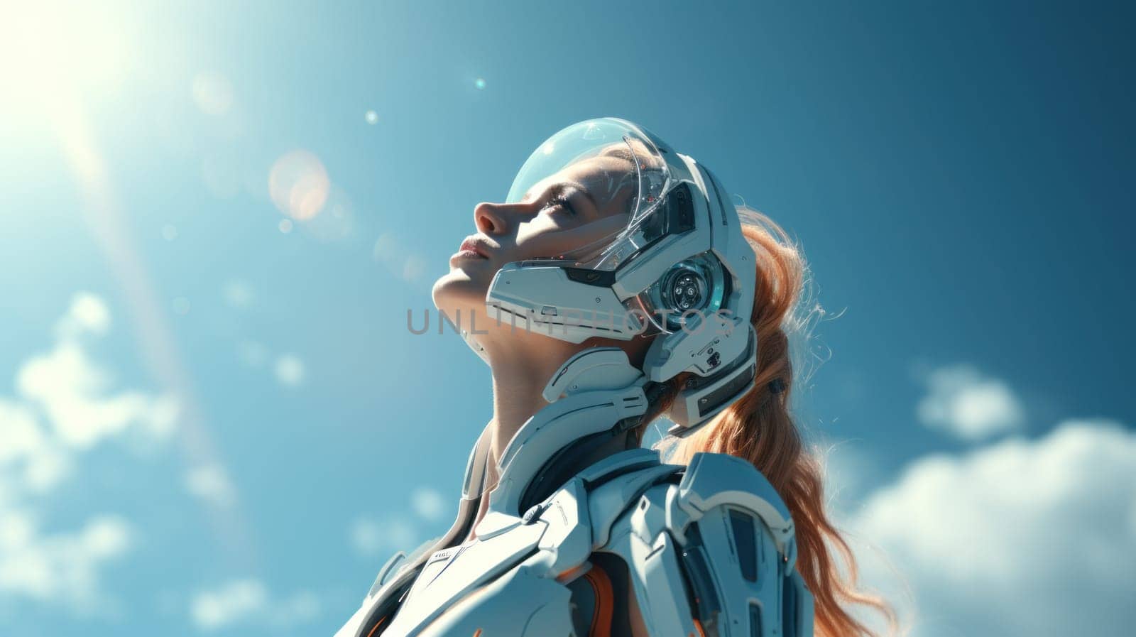 A woman in futuristic armor with her eyes closed and looking up