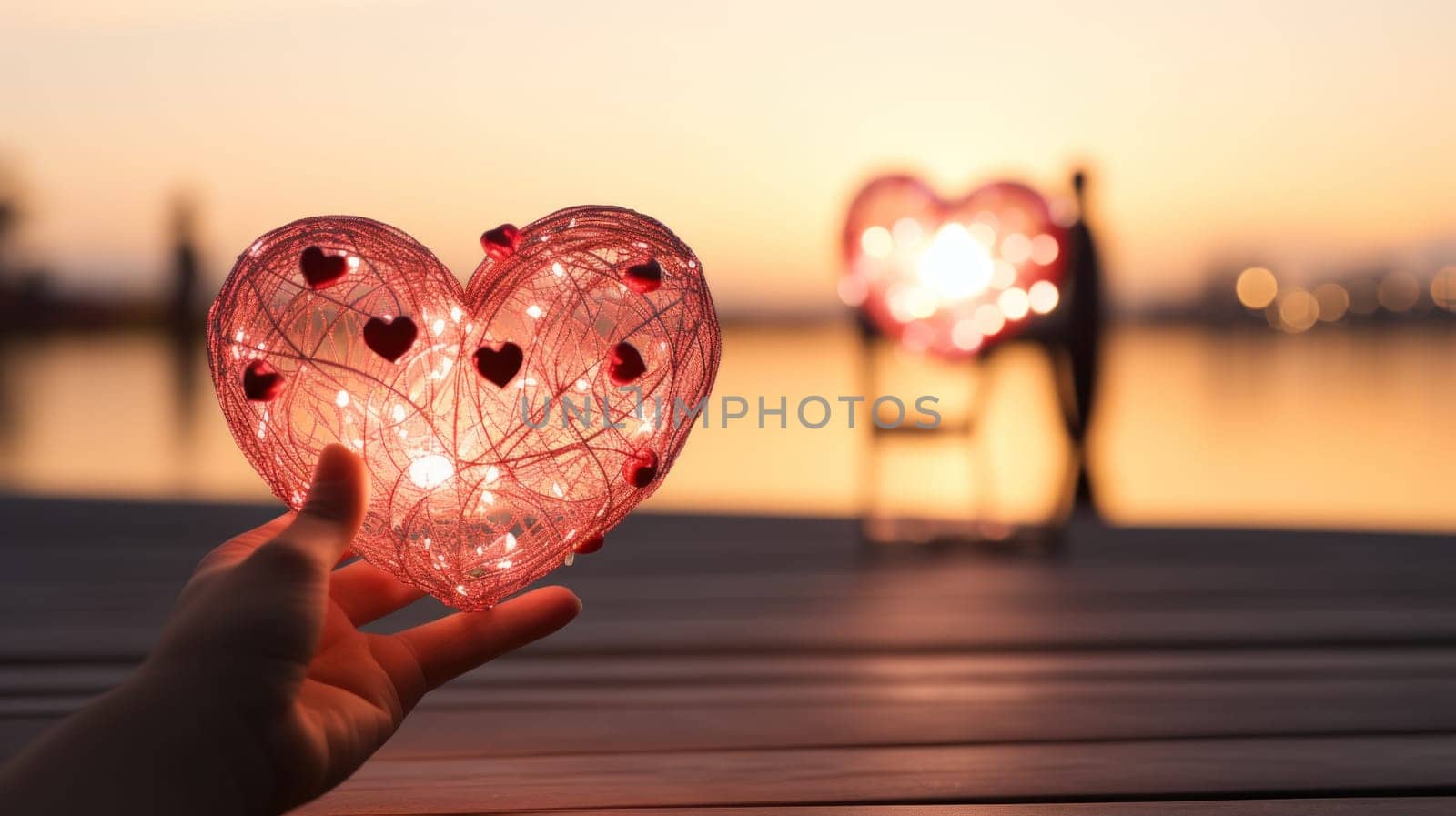 A person holding a heart shaped lighted object on the dock, AI by starush