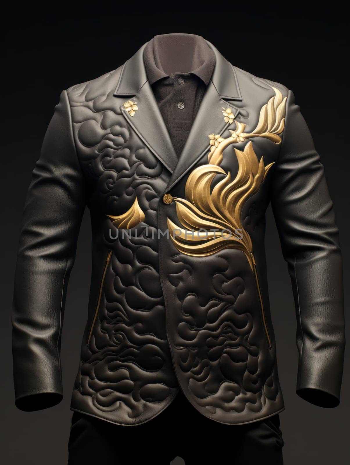 A jacket with gold and black design on it is shown, AI by starush