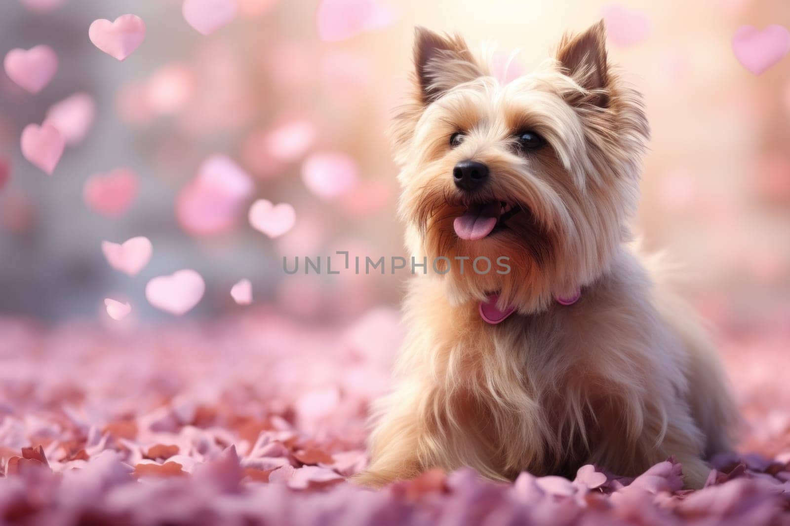A small dog sitting on a bed of pink flowers