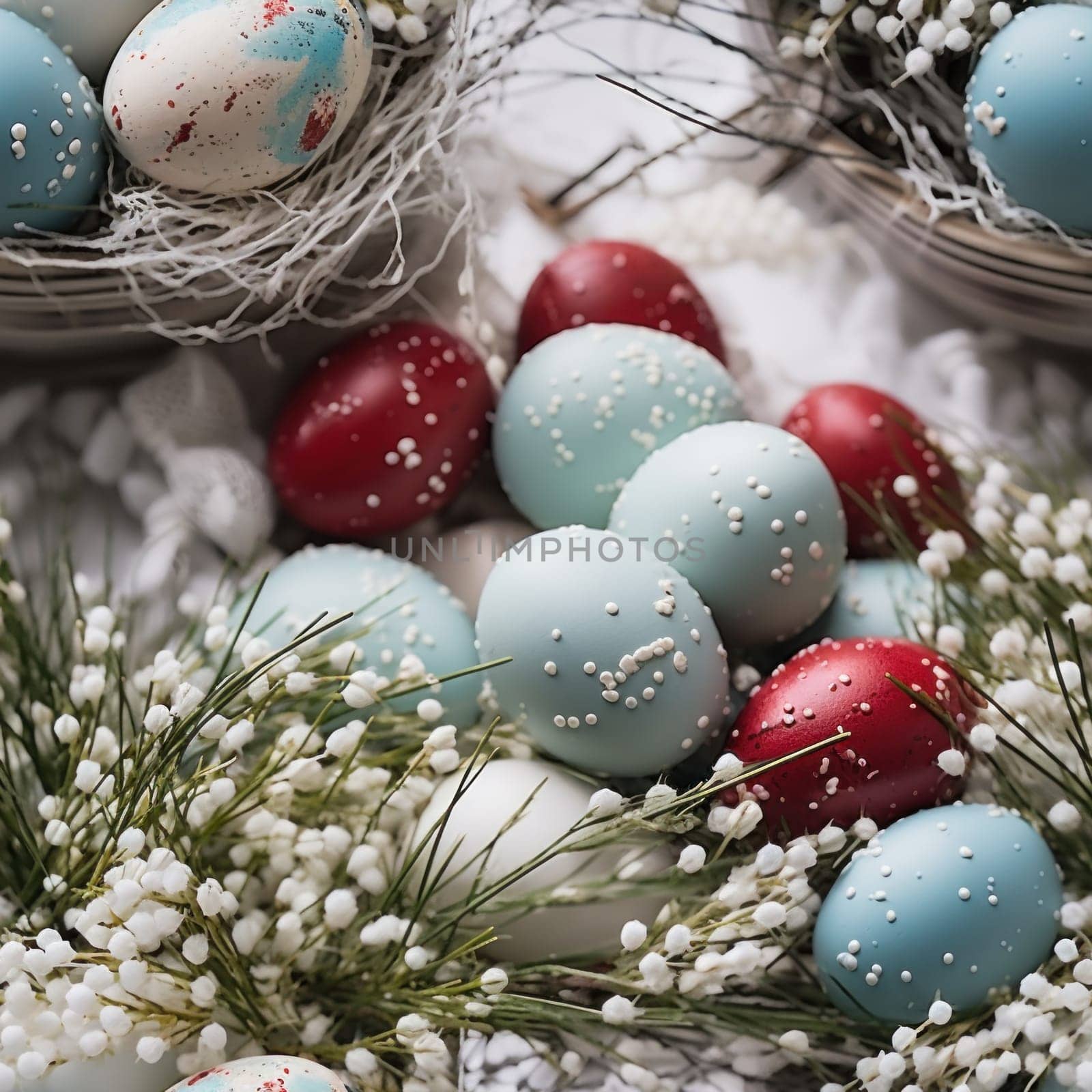 A close up of a table with some eggs and flowers, AI by starush