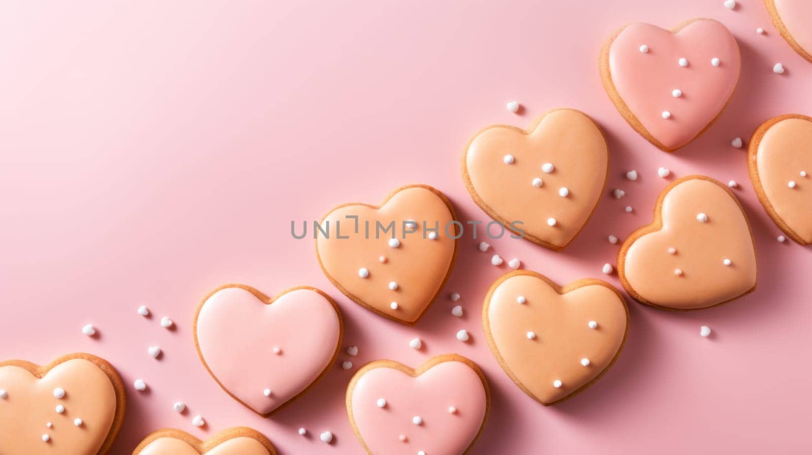 A row of heart shaped cookies with white frosting on pink background