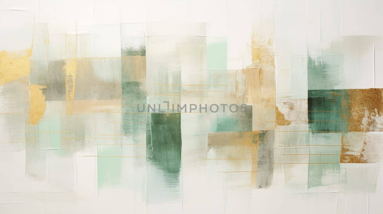 Background with abstract paint mixing effect. Liquid acrylic that flows and splashes. Mixed paints for interior poster, design. Green, gold and white color