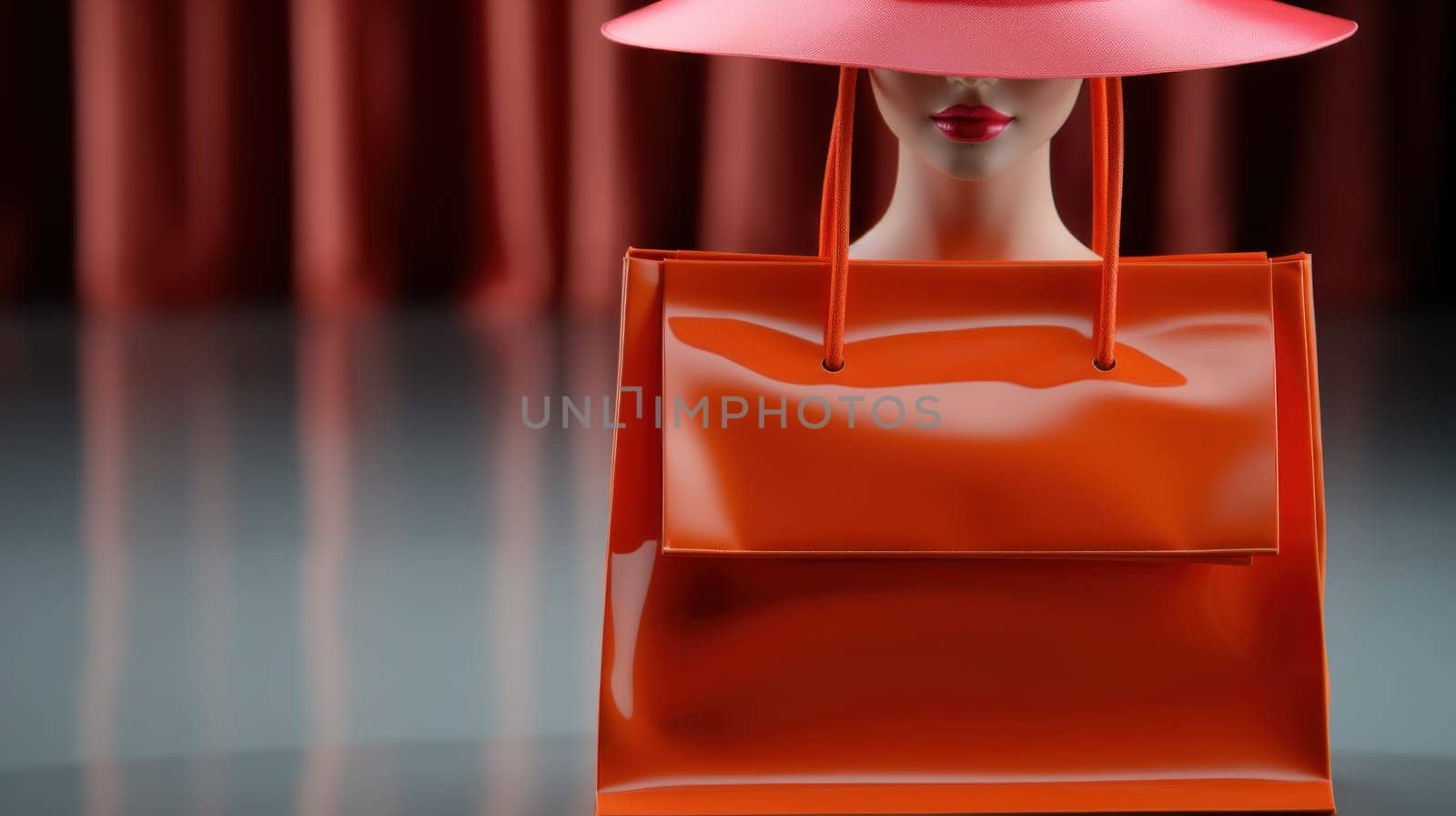 A mannequin head with a red hat and orange bag