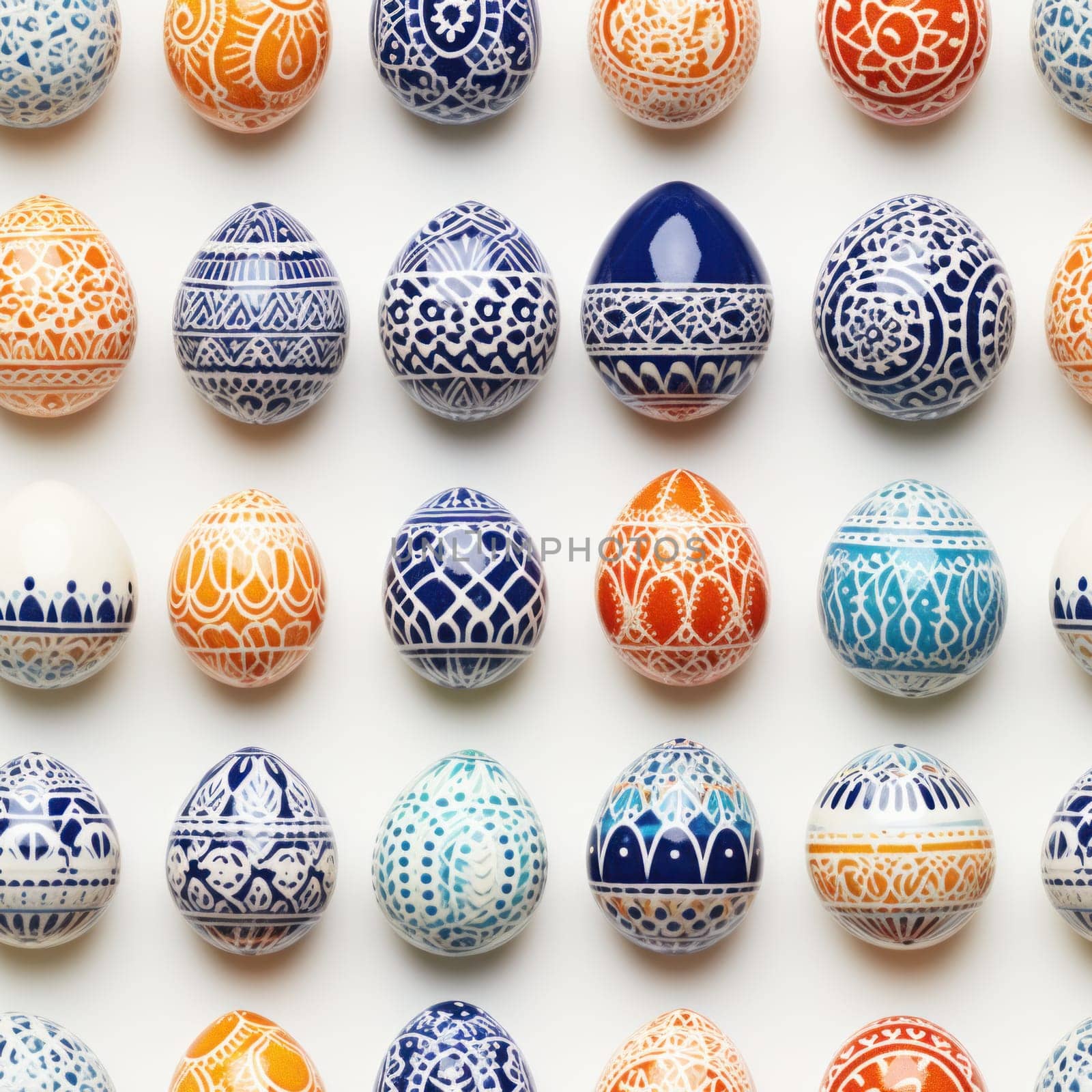 A bunch of colorful eggs are arranged in a pattern