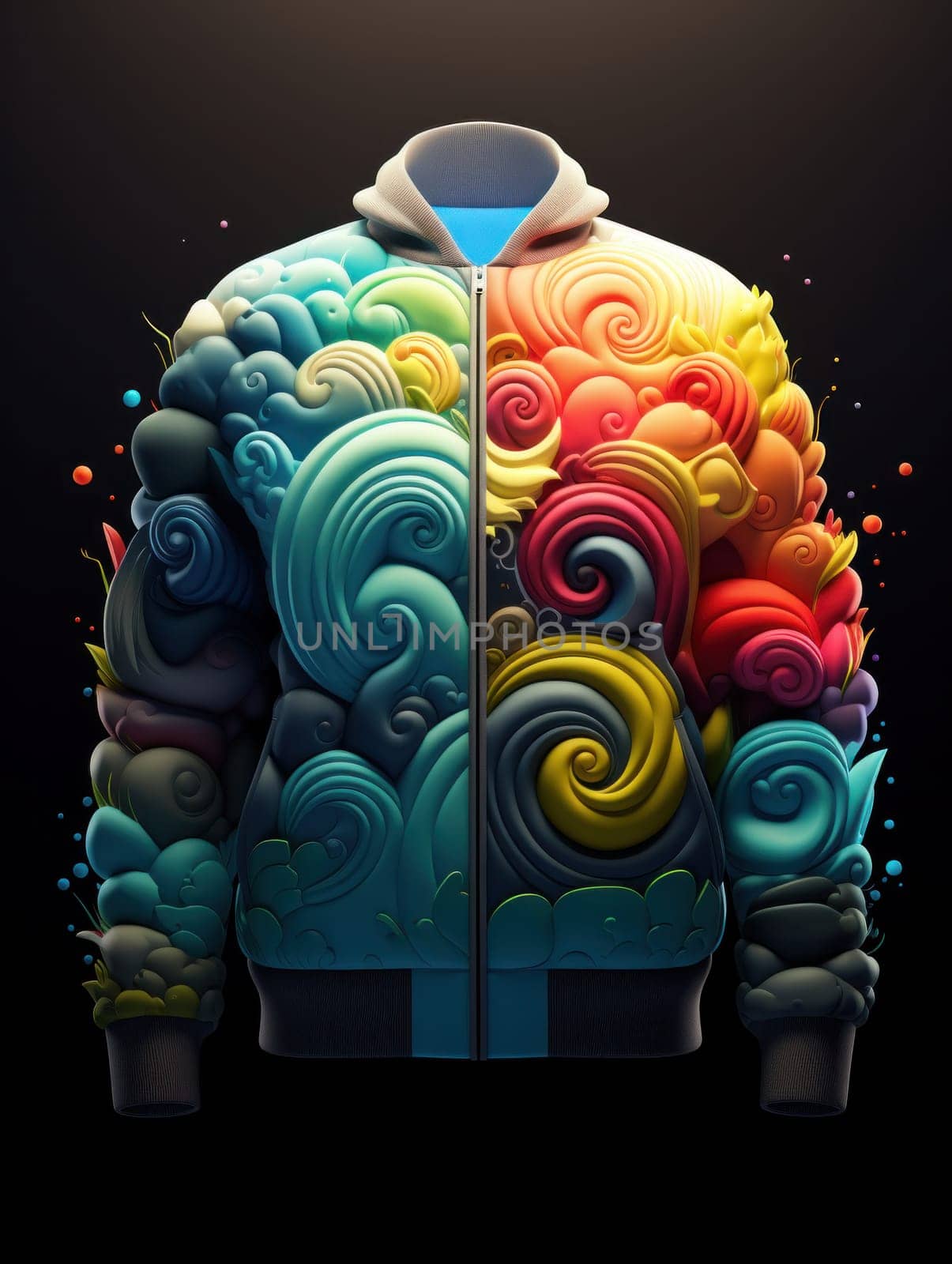 A colorful jacket with swirls and colors on it