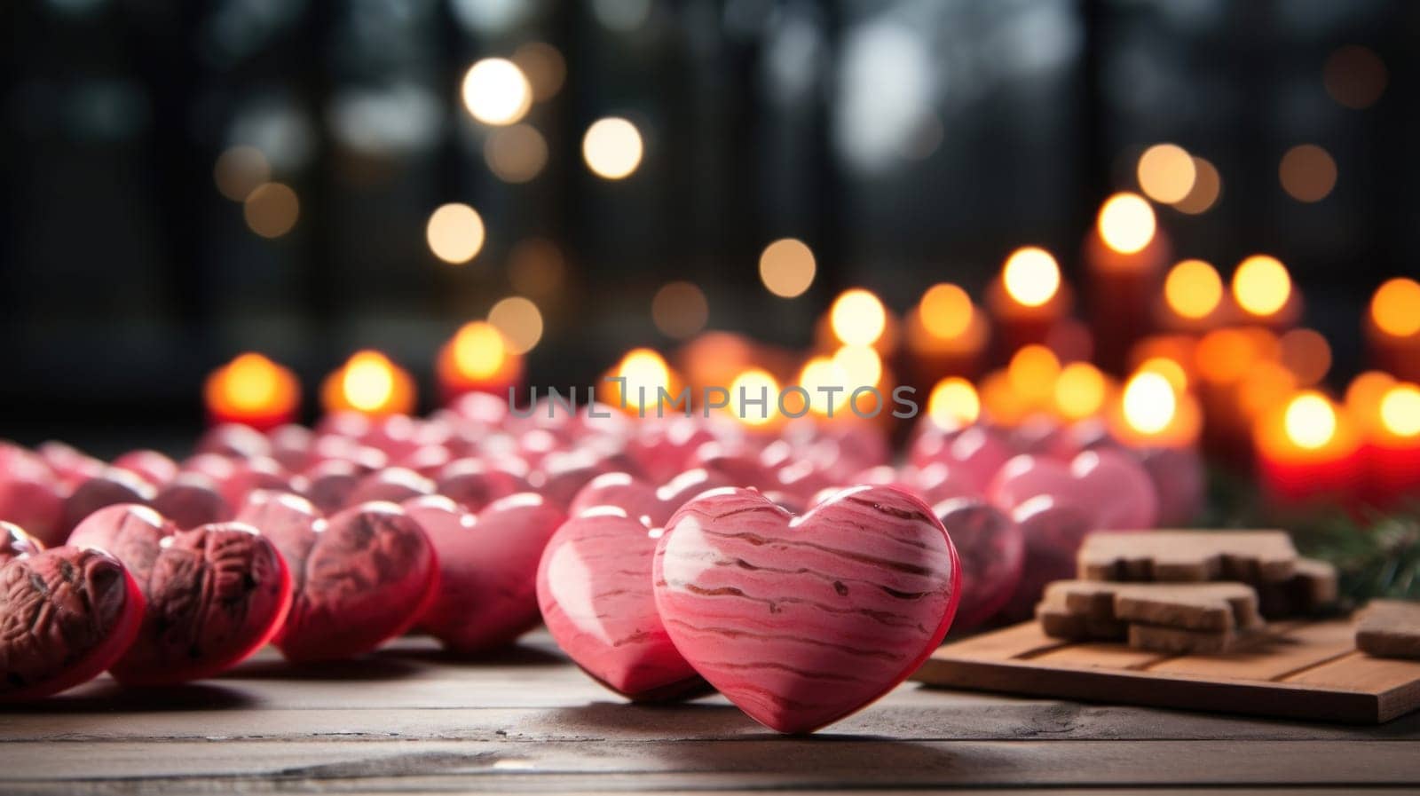 A bunch of heart shaped candies sitting on a table next to candles