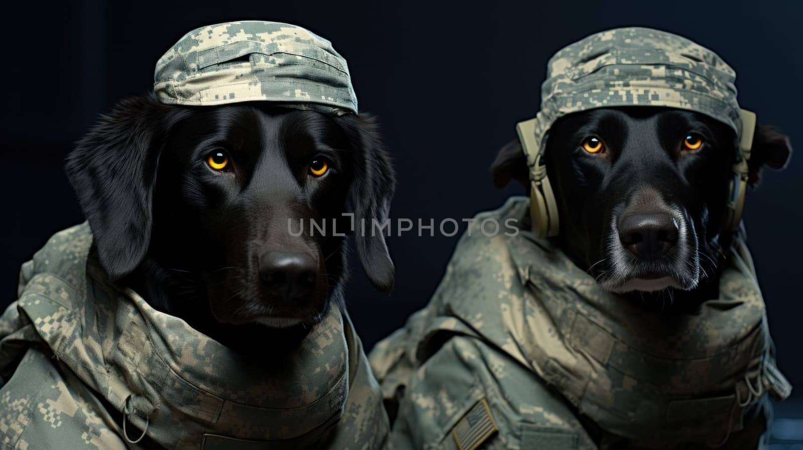 Two dogs in military uniforms with yellow eyes and ears