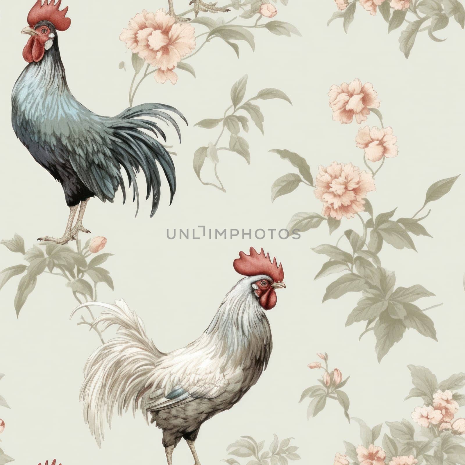 A pattern of a rooster and flowers on the wall, AI by starush