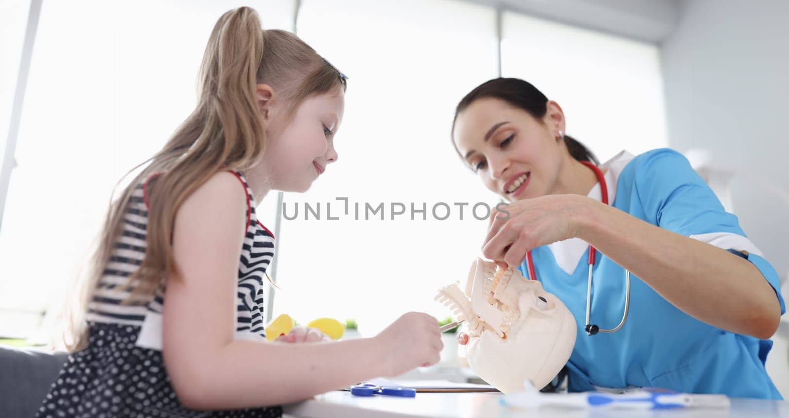 The doctor in the clinic teaches the child anatomy, the model of the skull and cervical vertebra, close-up