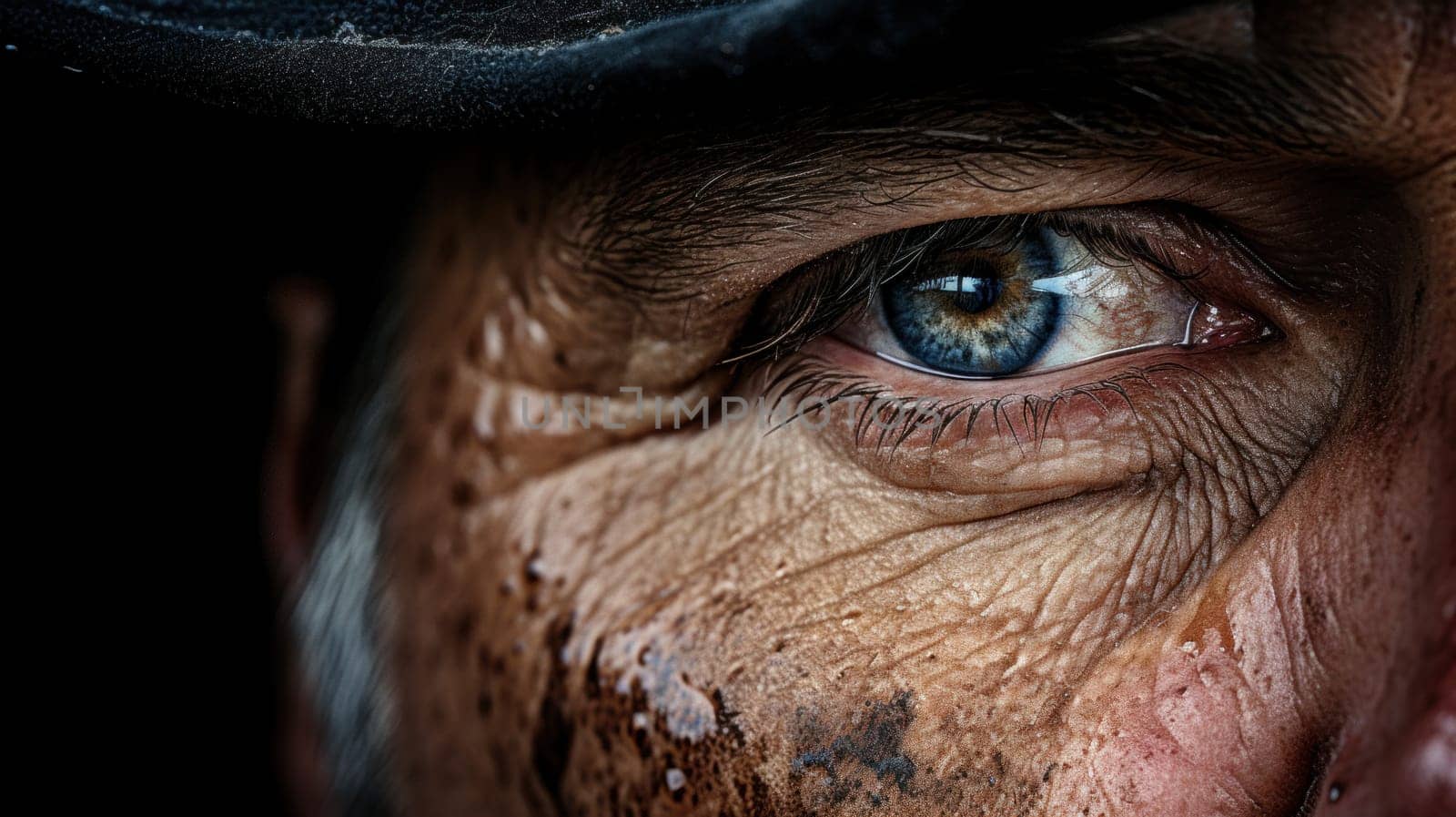 A close up of a man's face with blue eyes, AI by starush