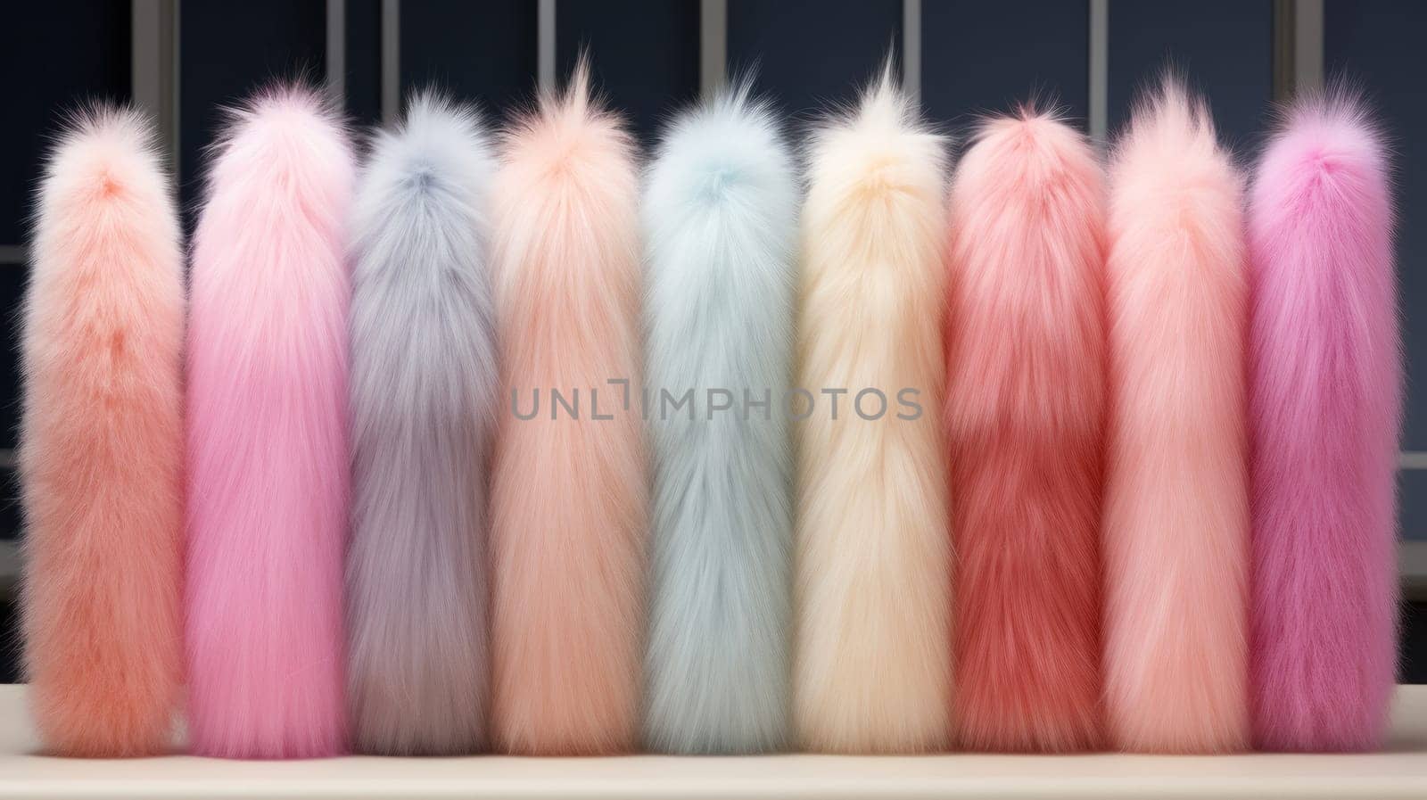 A row of colorful fur coats lined up on a table, AI by starush