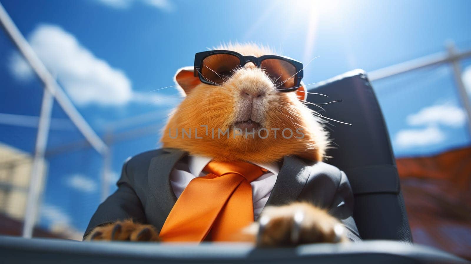 A guinea pig wearing a suit and tie with sunglasses